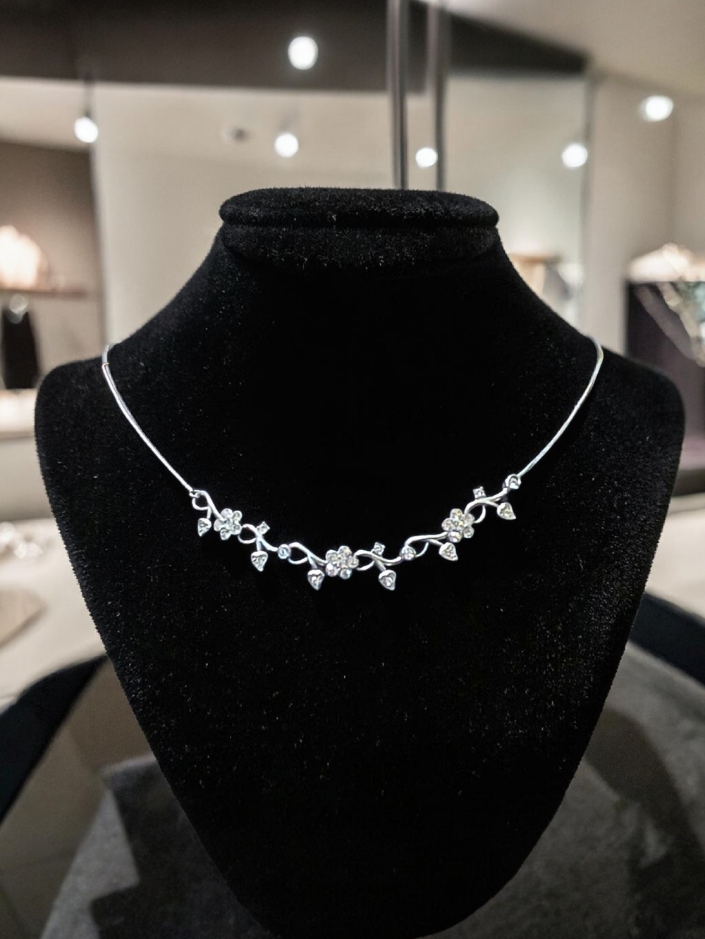Silver Tone Floral Vine Necklace Adjustable 16–18” Delicate Crystal CZ